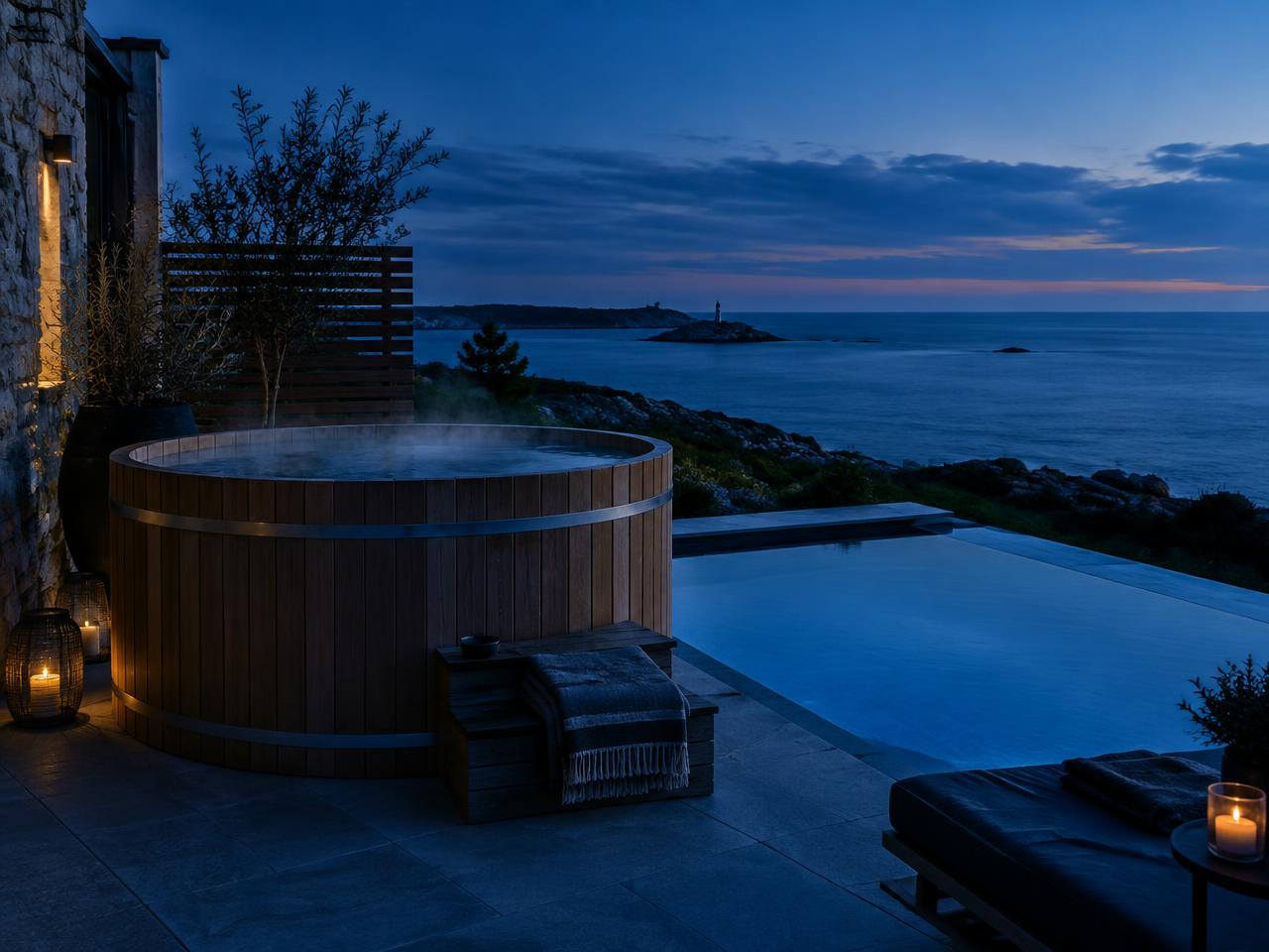 Bain nordique et piscine privée face à la mer au crépuscule